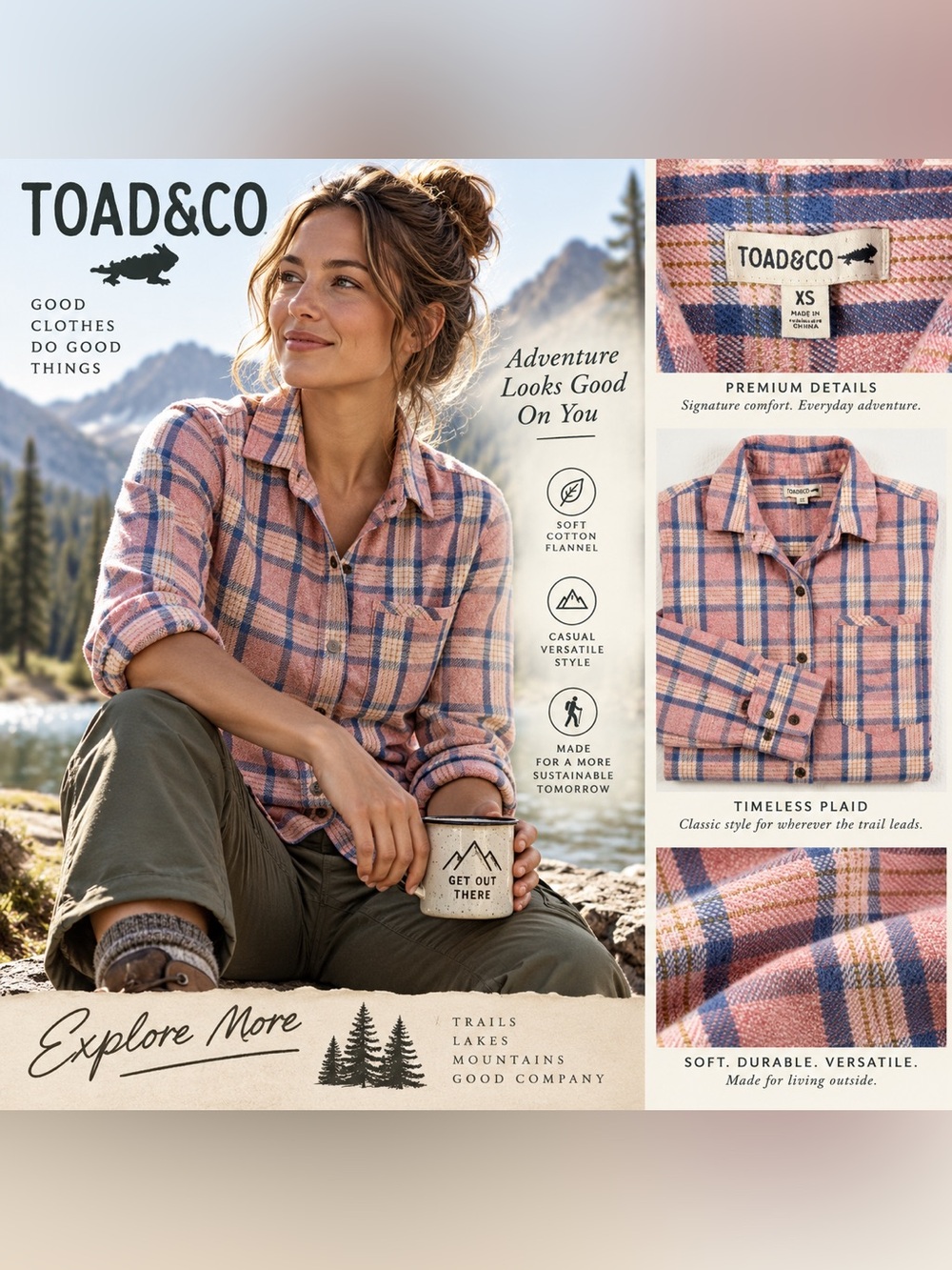 Toad&Co Women's Pink and Blue Plaid Cotton Flannel Shirt